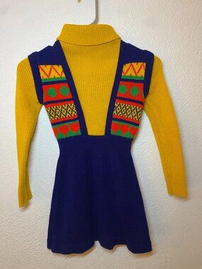 Vintage Alyssa Girls Knit Sweater Jumper Dress Fair Isle Trim Size 7 Colorful